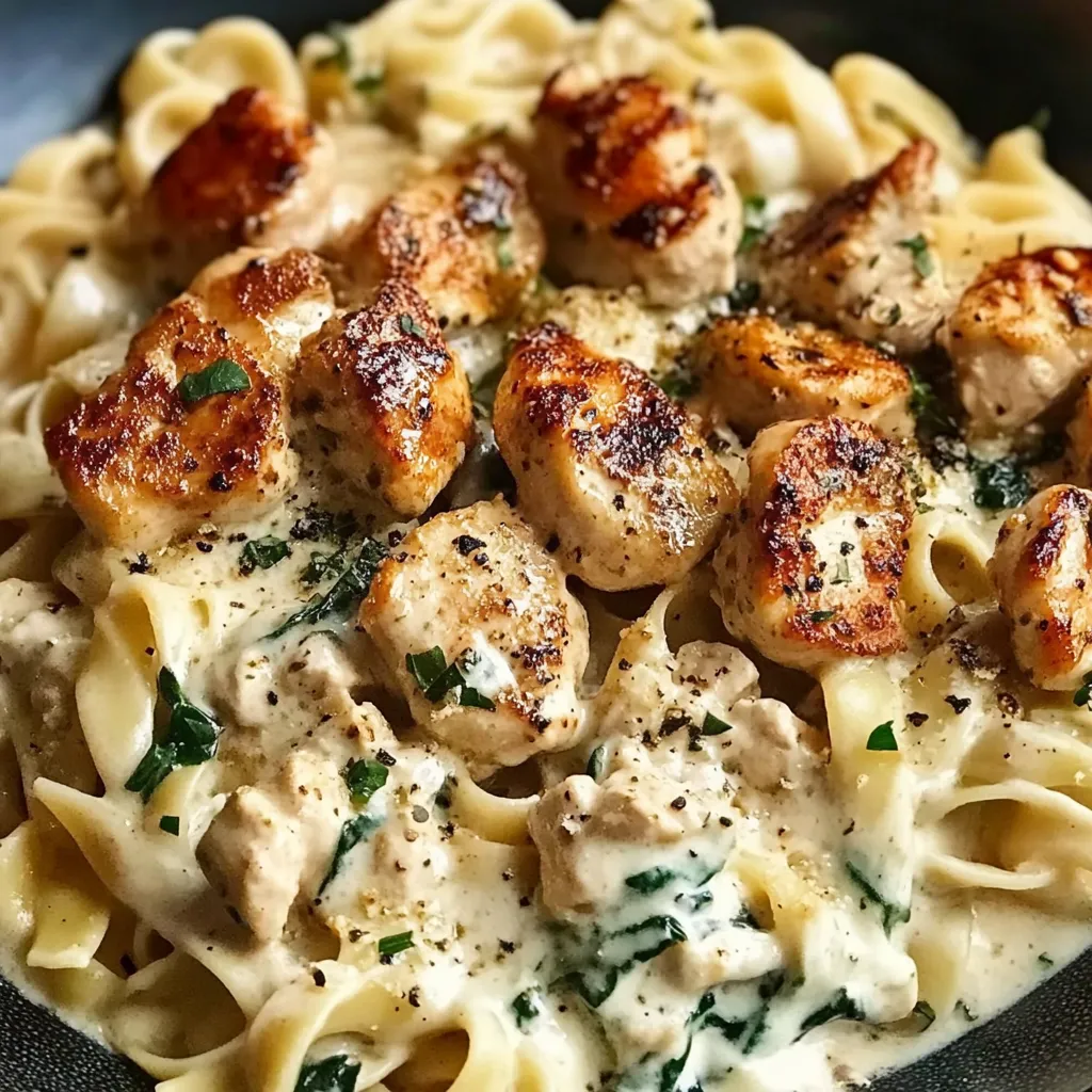 Garlic Chicken Bites and Creamy Cajun Spinach Artichoke Alfredo Pasta Flavorful