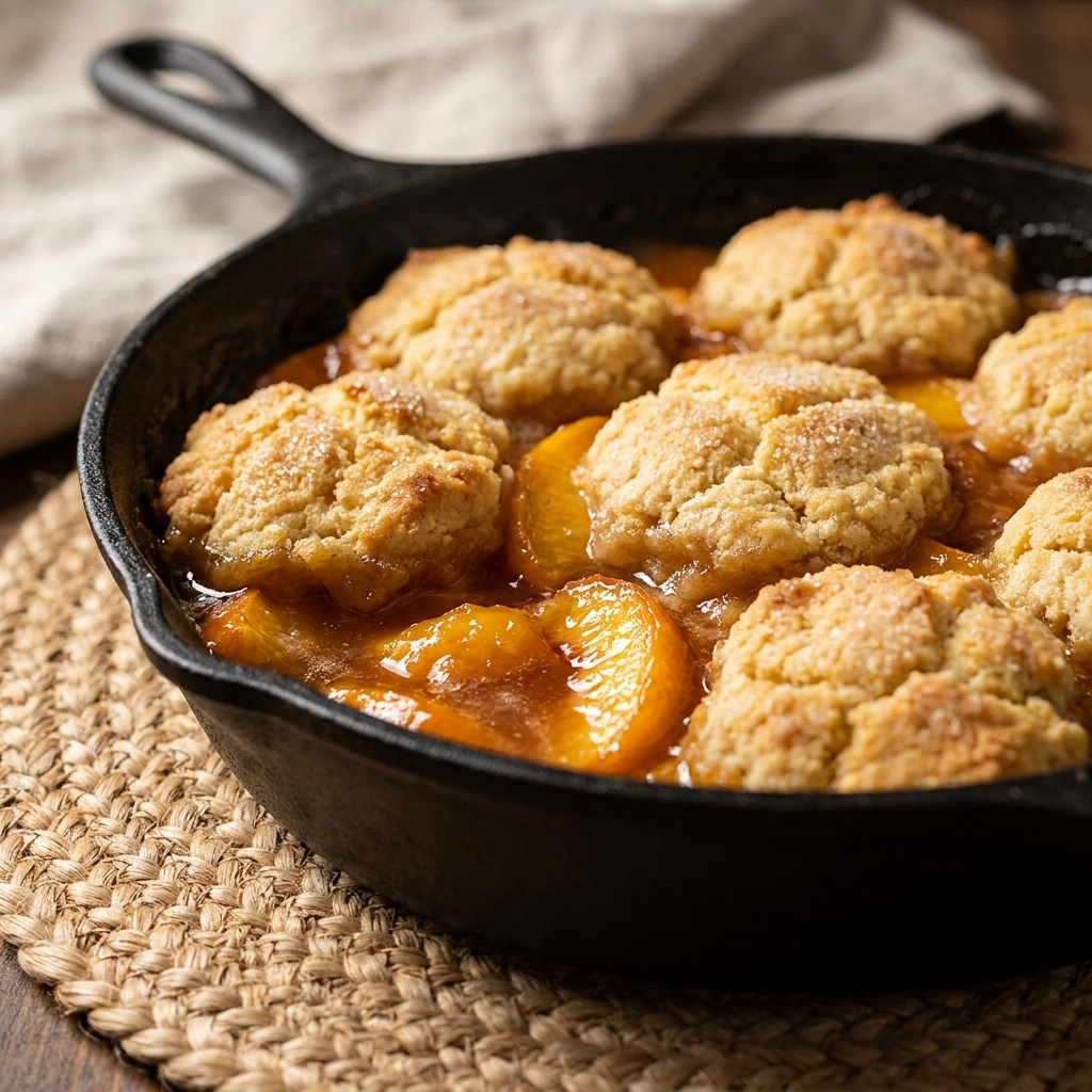 Cozy Peach Cobbler Skillet Recipe Easy Homemade Fluffy Biscuit Topping | Summer Dessert