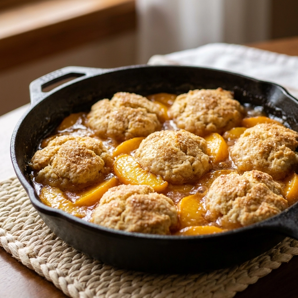 Cozy Peach Cobbler Skillet Recipe Easy Homemade Fluffy Biscuit Topping | Summer Dessert