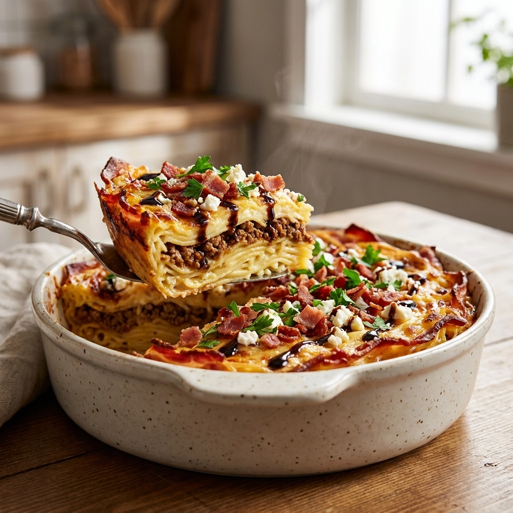 Creamy Million Dollar Spaghetti Casserole Recipe with Cheesy Bacon Crust Made Easy | Pasta Bake