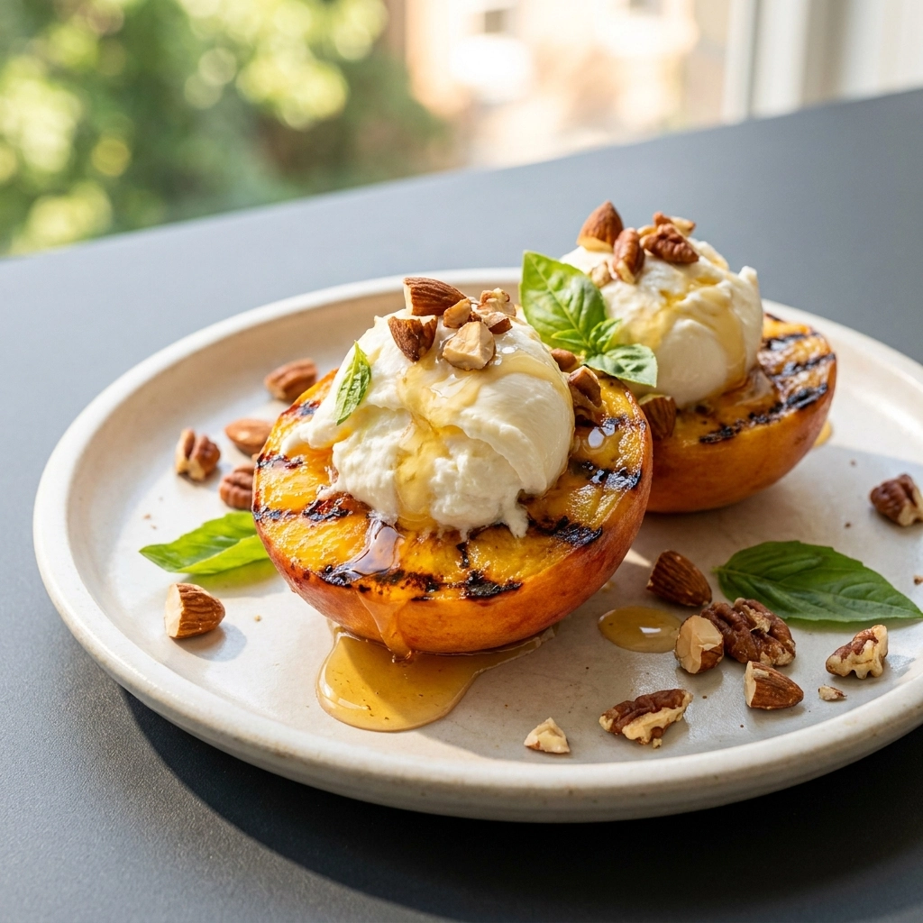 Fresh Grilled Peach and Burrata Salad Easy Recipe with Basil and Almonds | Summer Salad