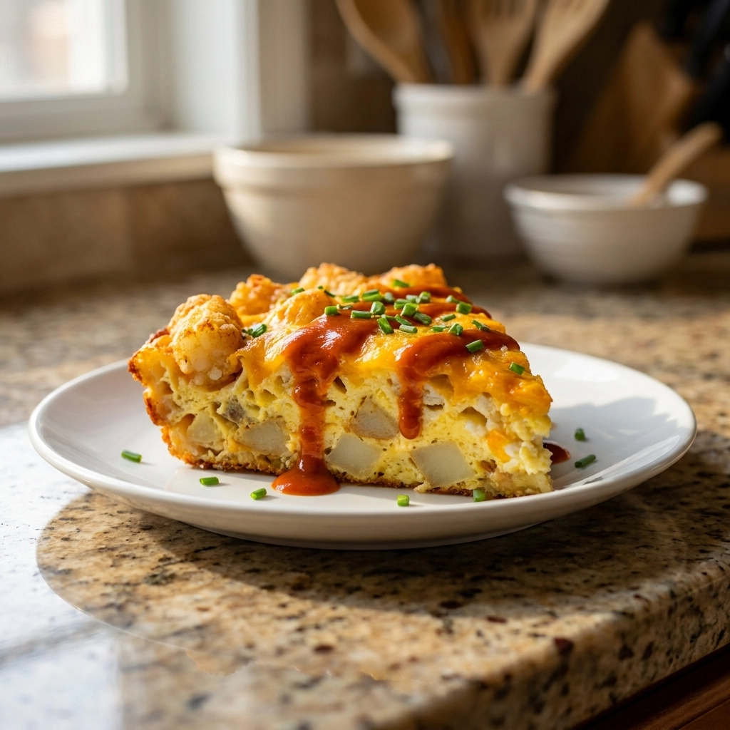 Cheesy Tater Tot Breakfast Casserole With Smoky Red Pepper Swirl | Easy Brunch Idea