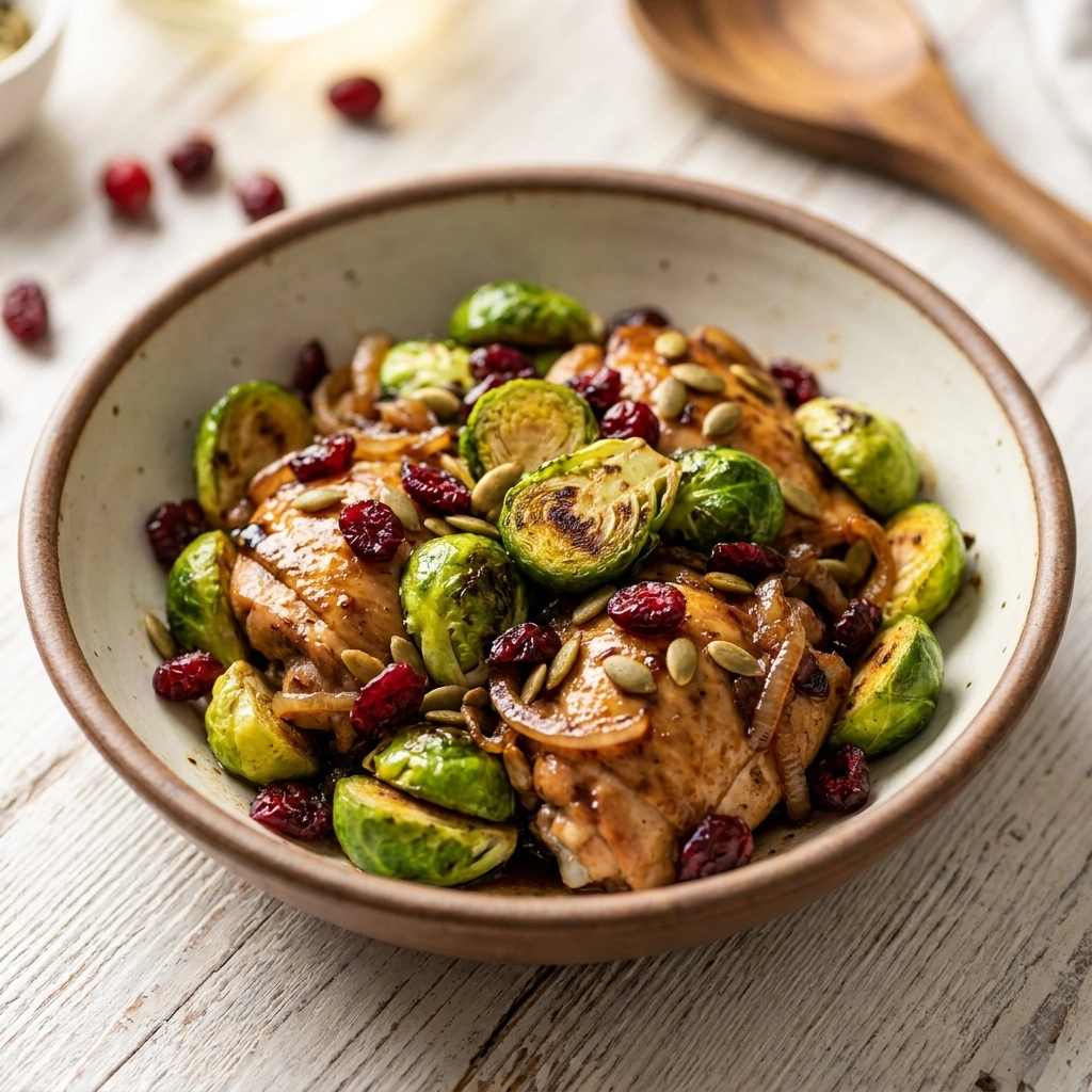 Balsamic Chicken, Brussels Sprouts, Cranberries and Pumpkin Seeds | Sheet Pan Dinner