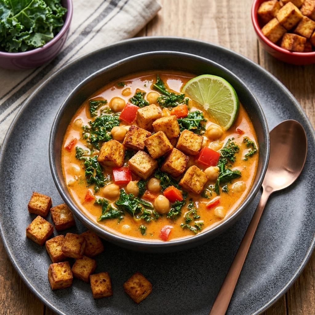 Creamy Coconut Curry Soup with Crispy Tofu | Easy Vegan Curry Soup Recipe
